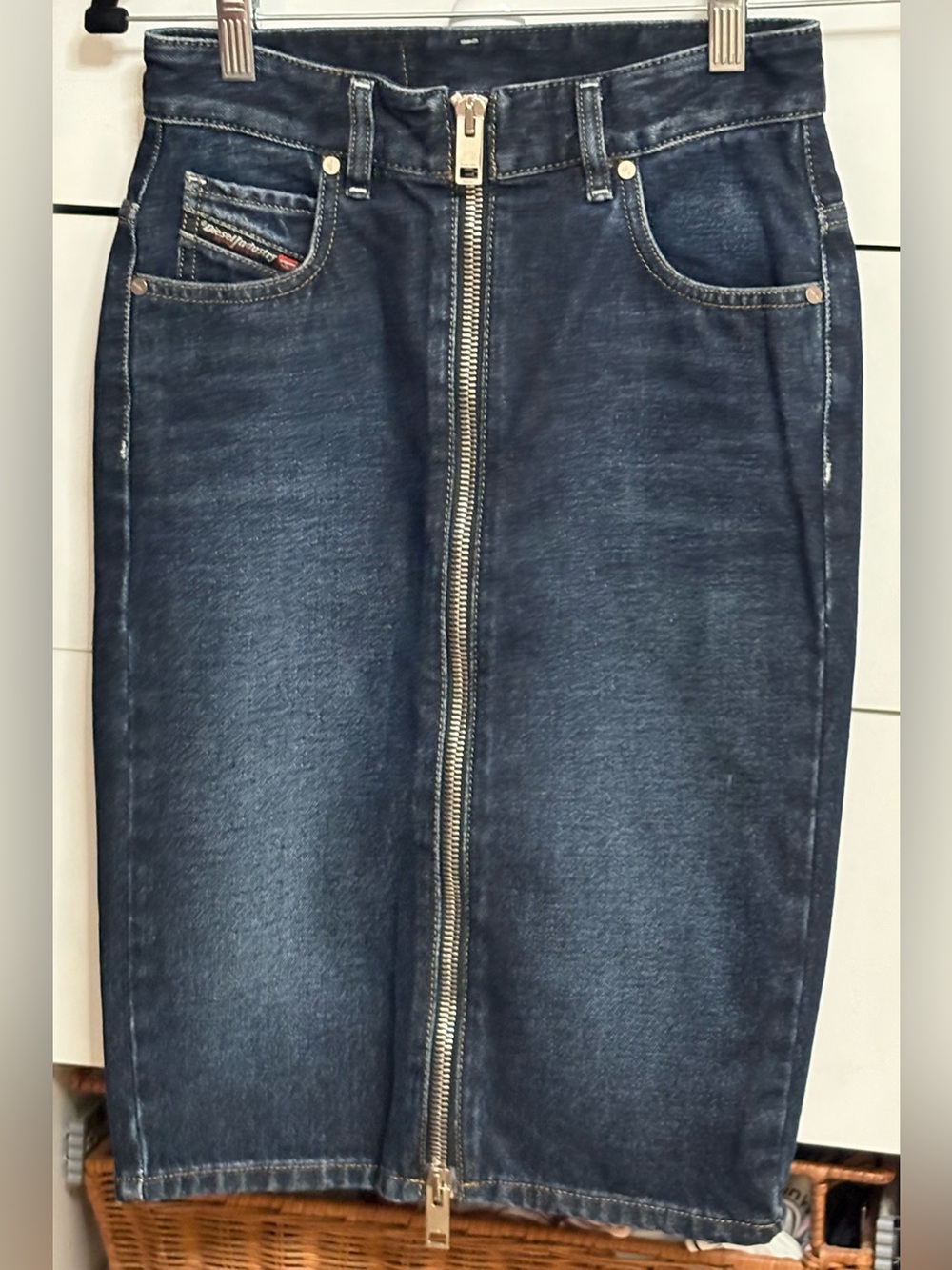 Authentic Diesel Industry Dark Blue Denim Pencil Skirt with Front Zip